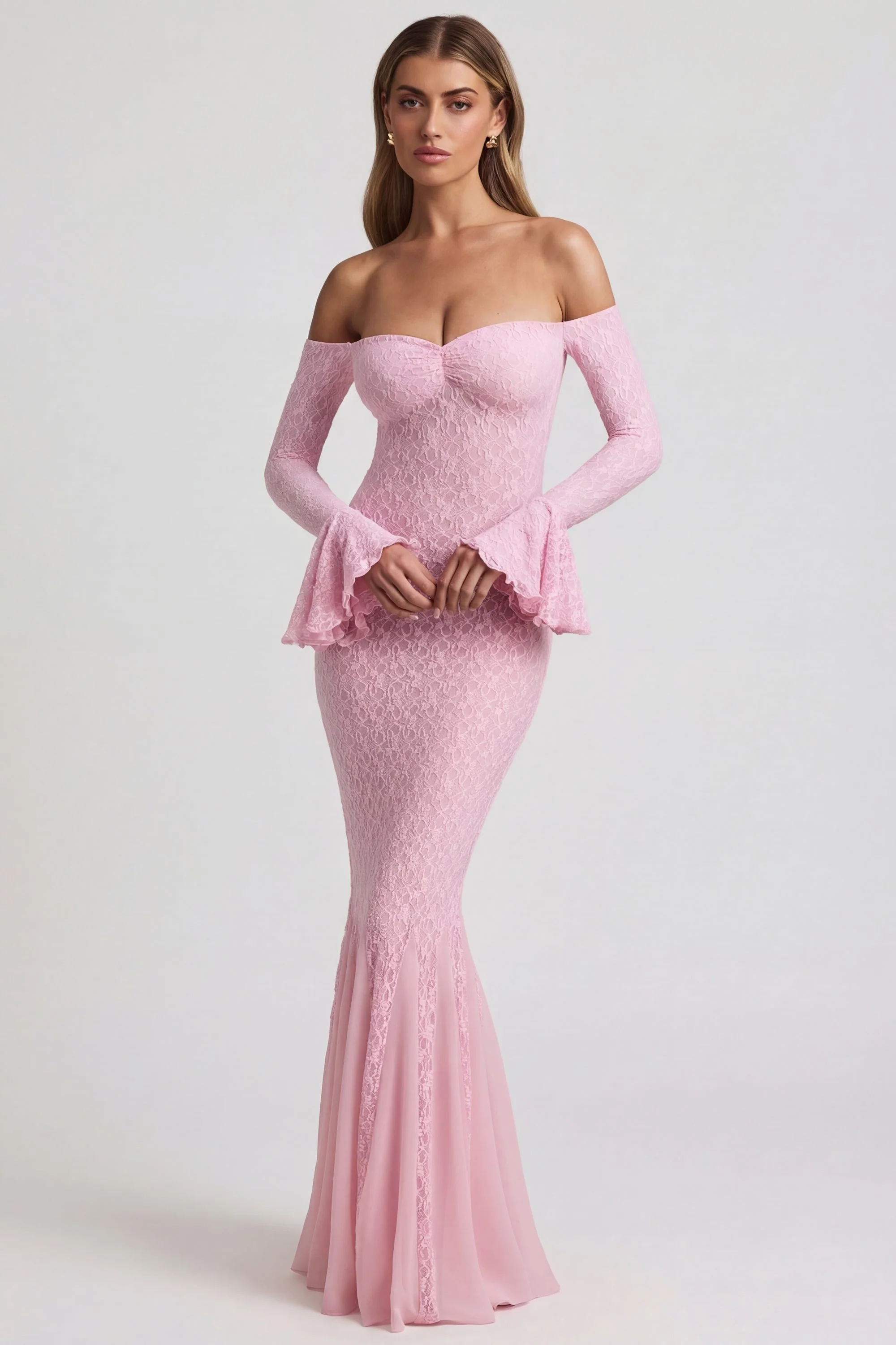 Off-Shoulder Ruffle Lace Maxi Dress in Soft Pink - Image 6