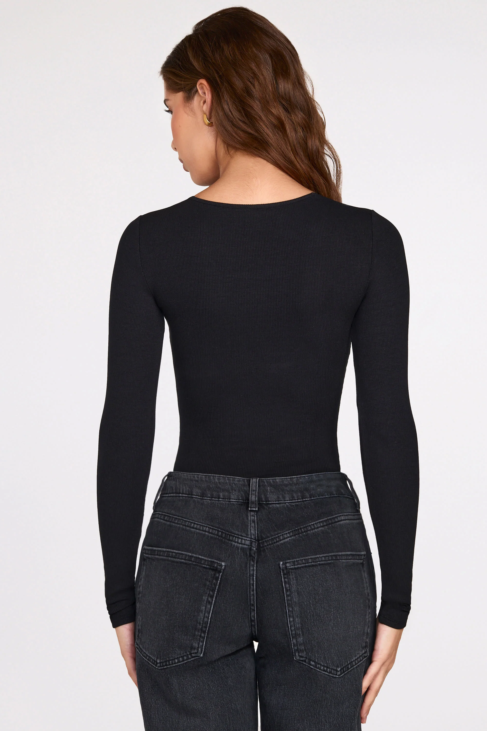 Ribbed Modal Long-Sleeve Plunge Bodysuit in Black - Image 3