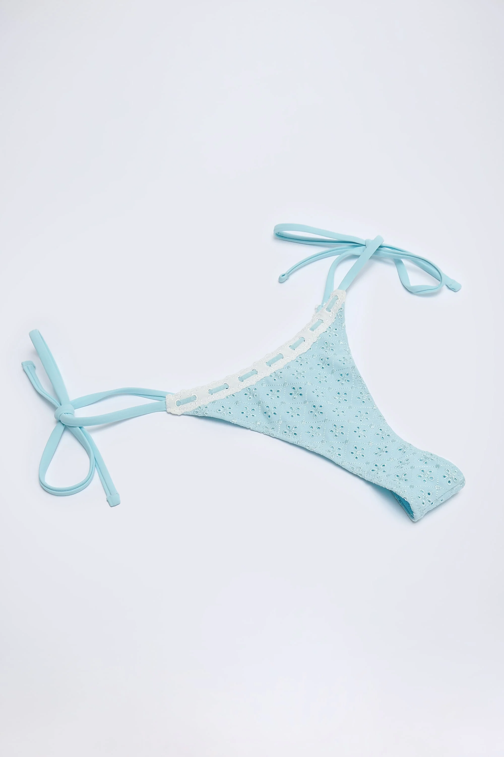 Broderie Anglaise Side-Tie Thong Bikini Bottoms in Powder Blue - Image 4