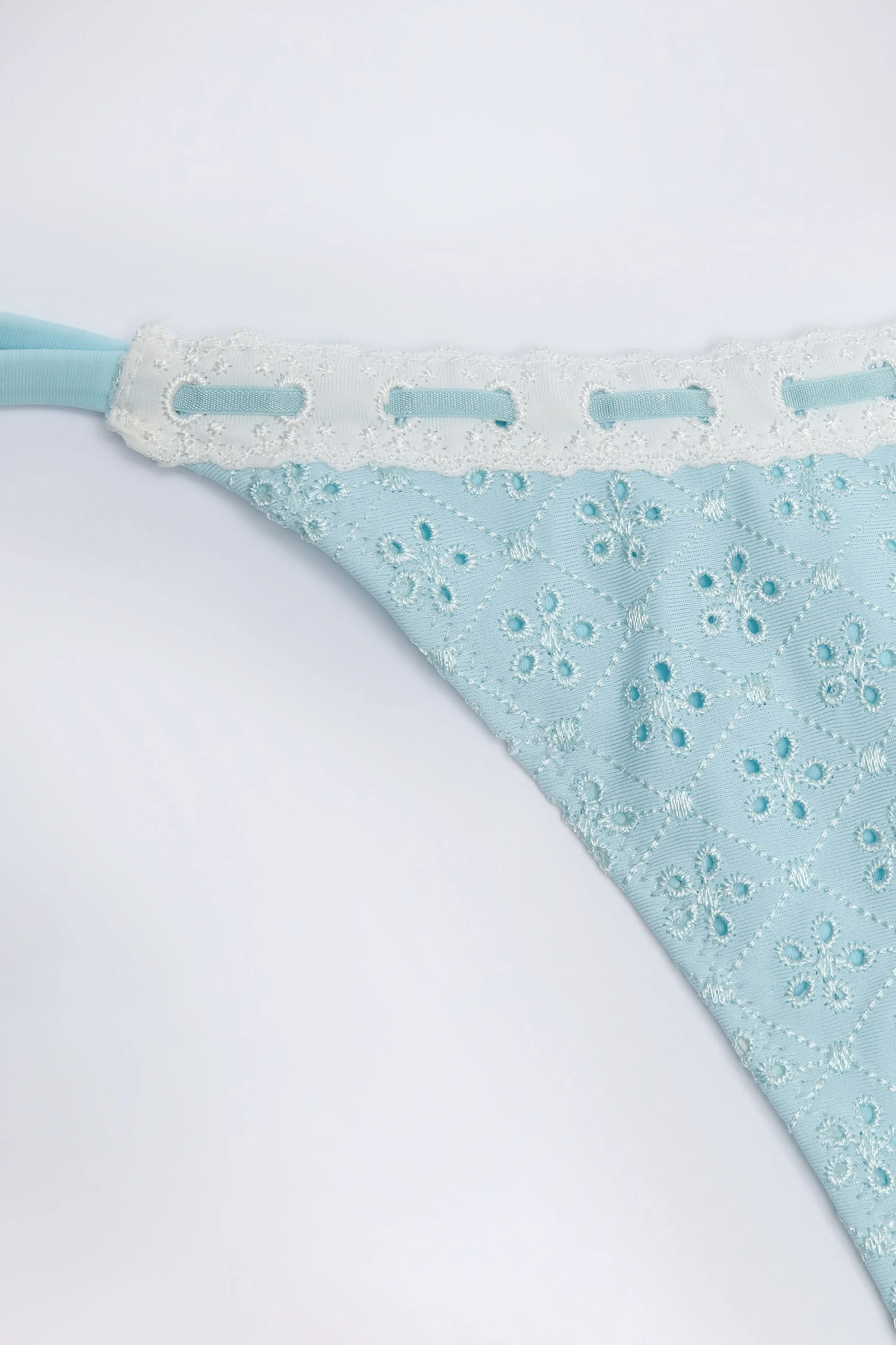 Broderie Anglaise Side-Tie Thong Bikini Bottoms in Powder Blue - Image 5
