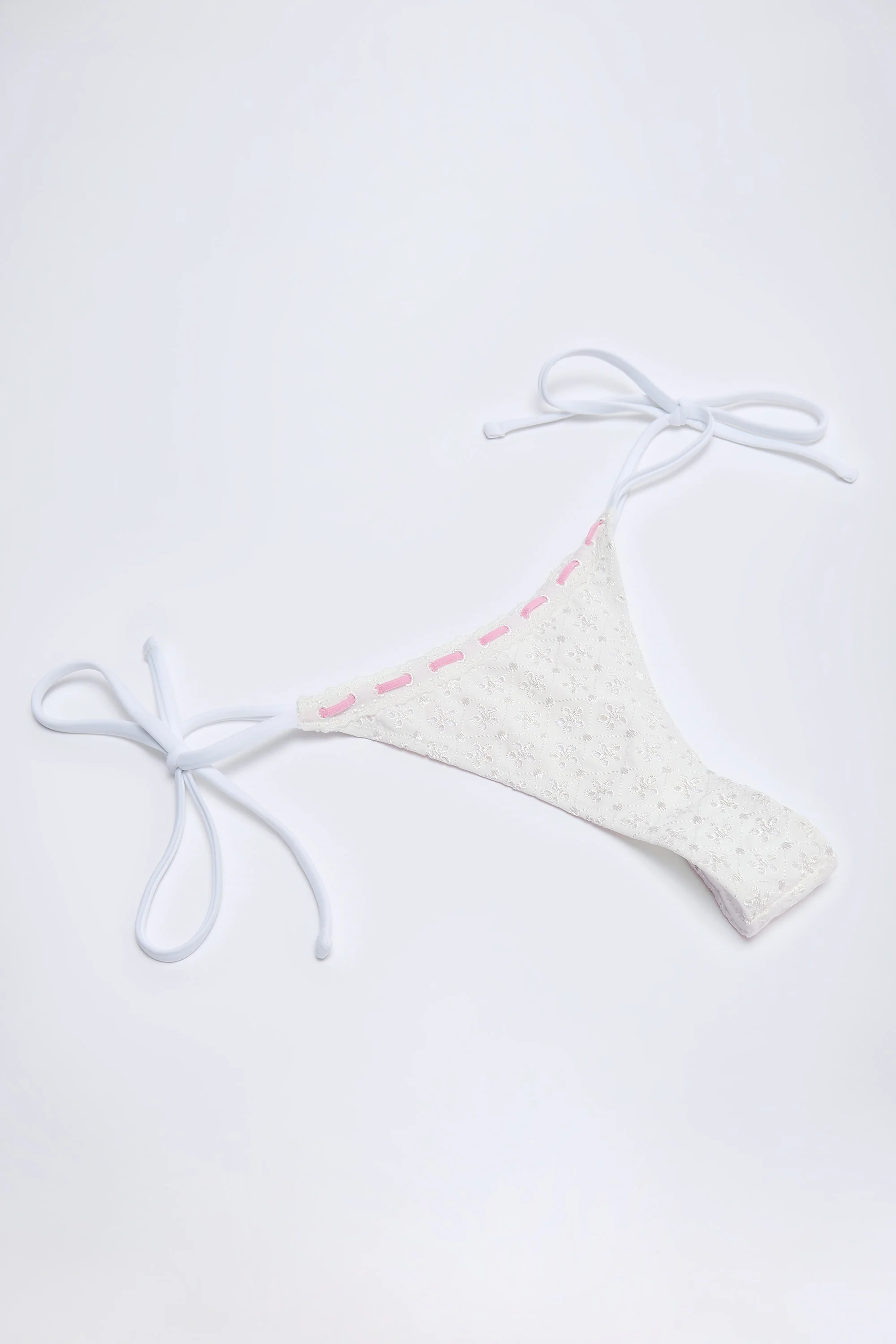 Broderie Anglaise Side-Tie Thong Bikini Bottoms in White - Image 5