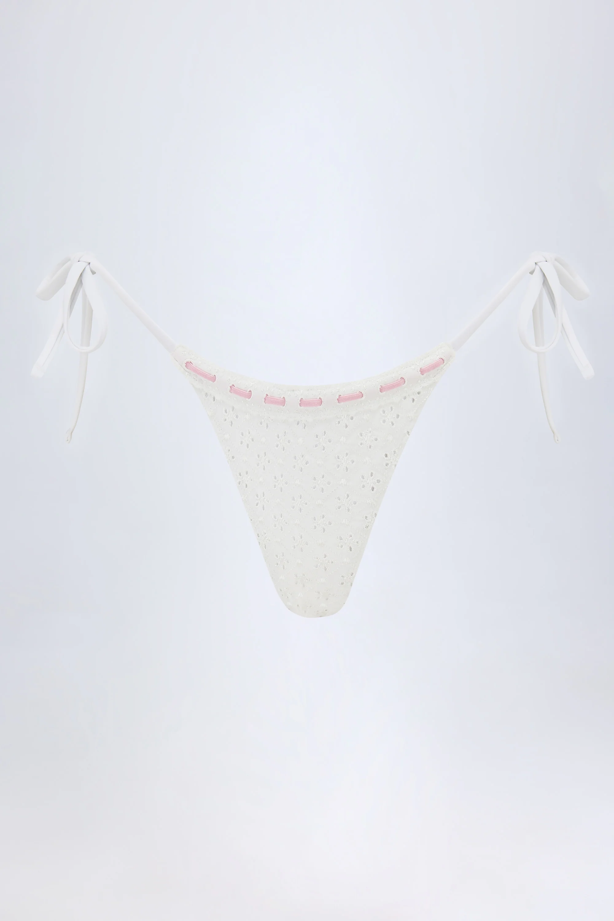 Broderie Anglaise Side-Tie Thong Bikini Bottoms in White - Image 7
