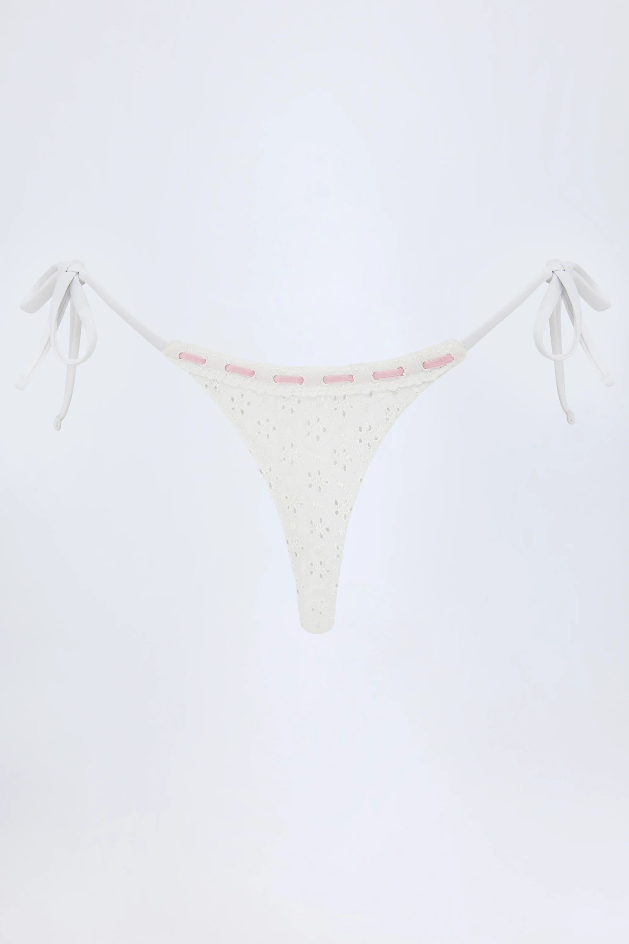 Broderie Anglaise Side-Tie Thong Bikini Bottoms in White - Image 8