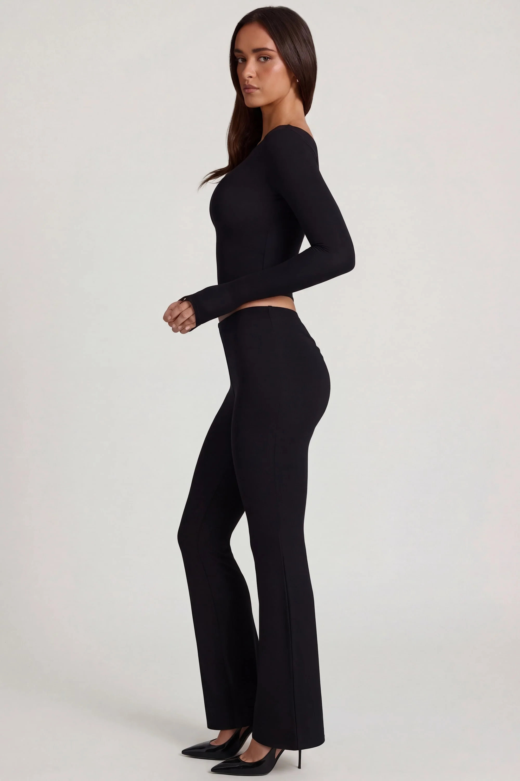 Modal Mid-Rise Flared Trousers in Black - Image 3