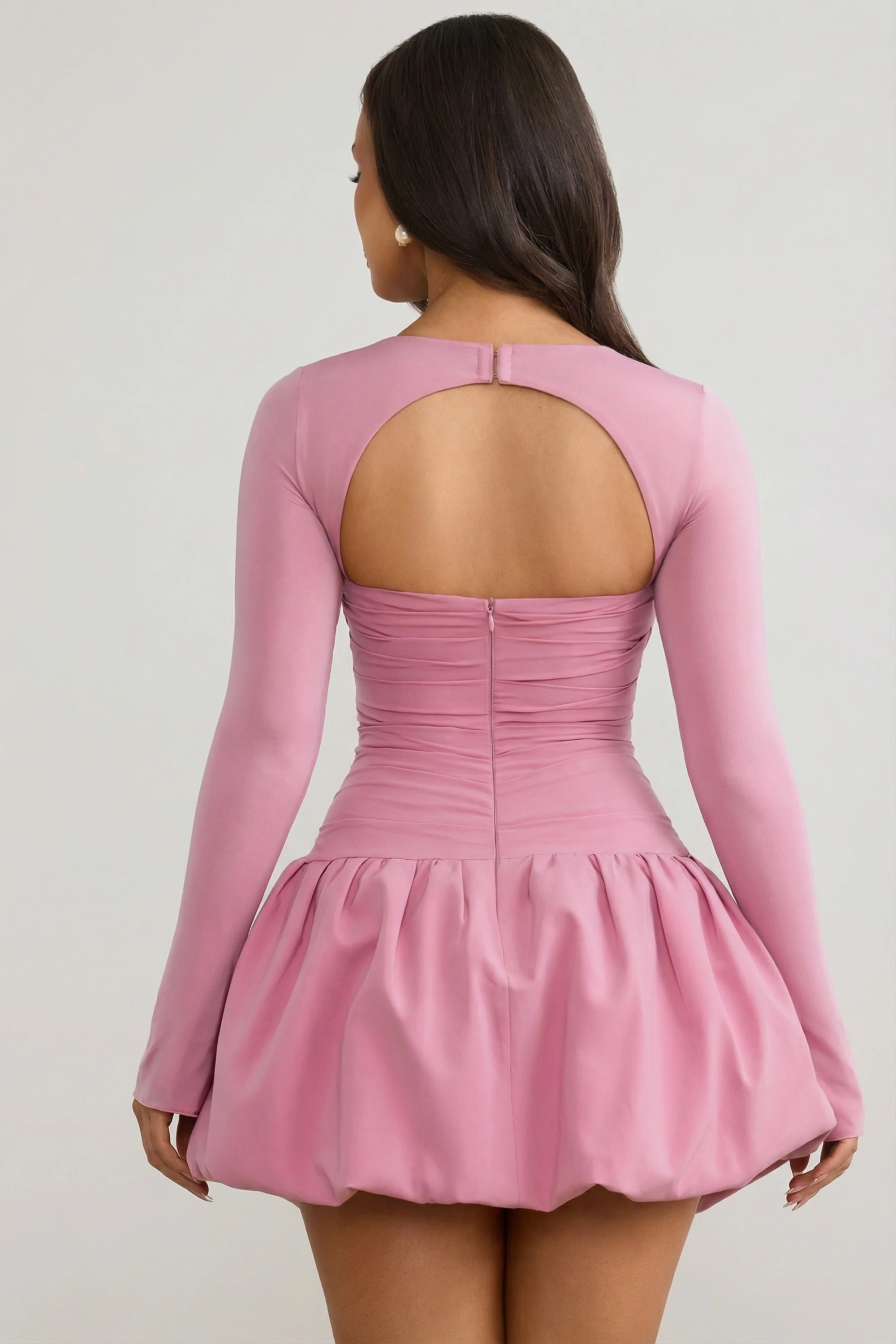 Long-Sleeve Bubble Hem Mini Dress in Mauve - Image 2