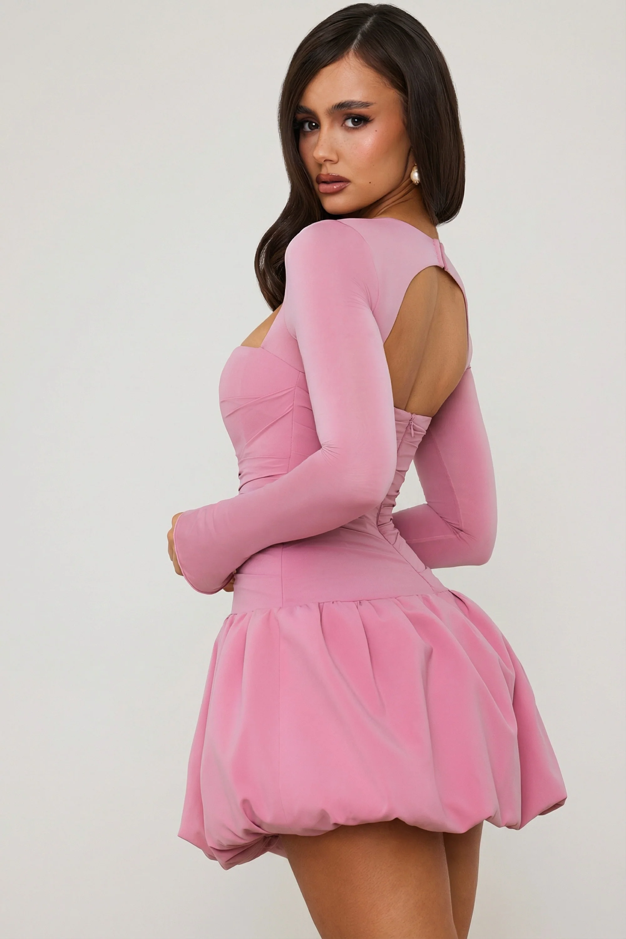 Long-Sleeve Bubble Hem Mini Dress in Mauve - Image 6