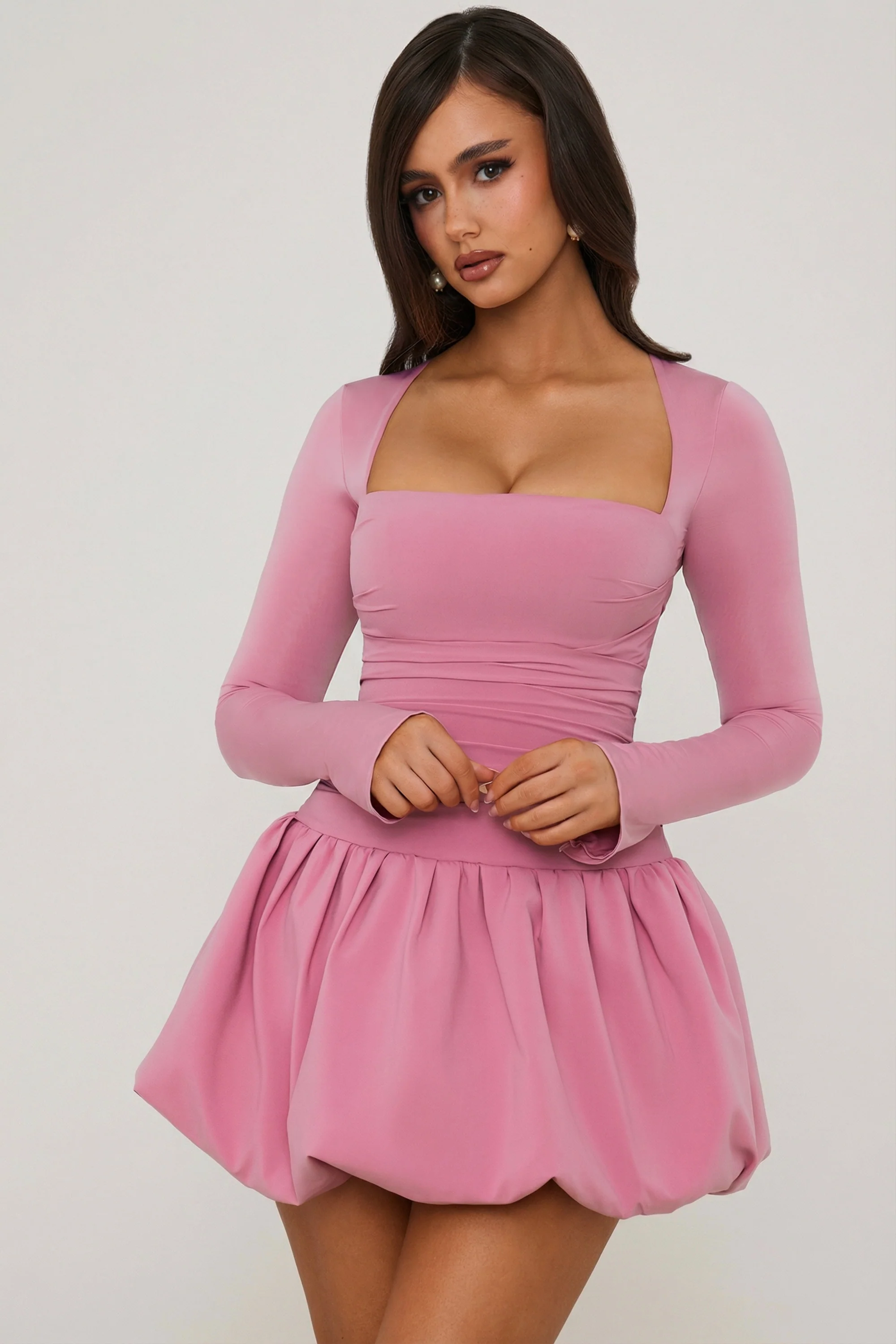 Long-Sleeve Bubble Hem Mini Dress in Mauve - Image 7