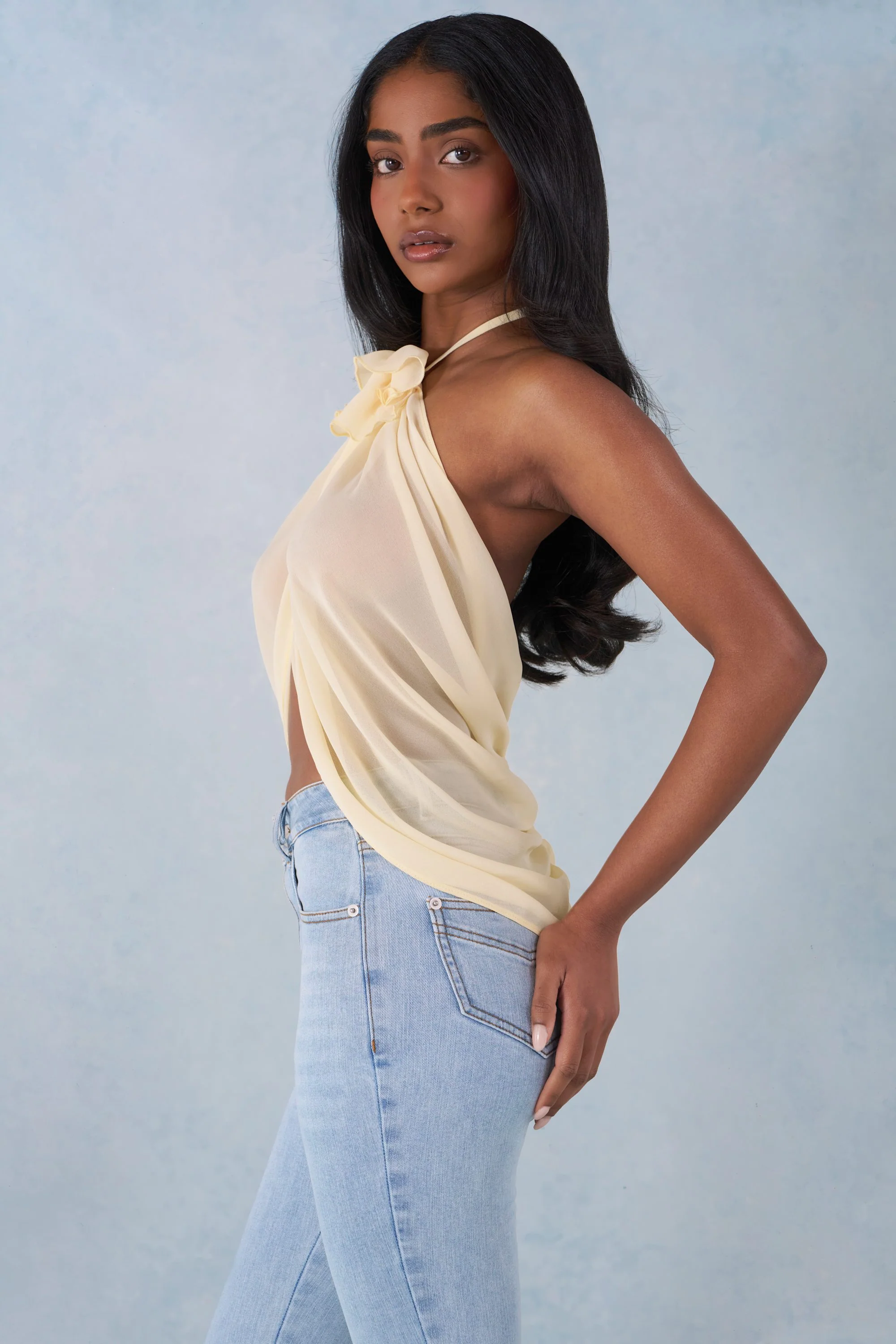Halterneck Open-Front Top in Butter Yellow - Image 3