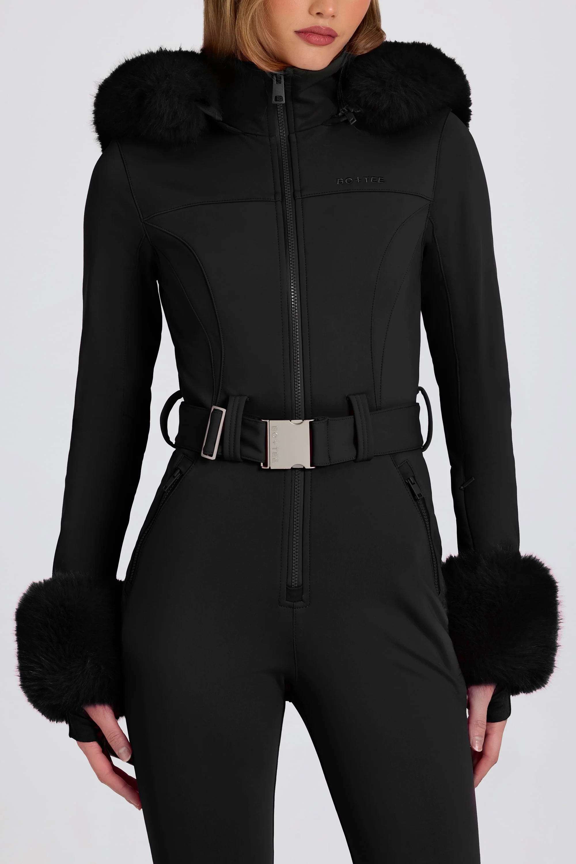Waterproof Faux-Fur Hood Fitted Ski Suit in Black - Image 5