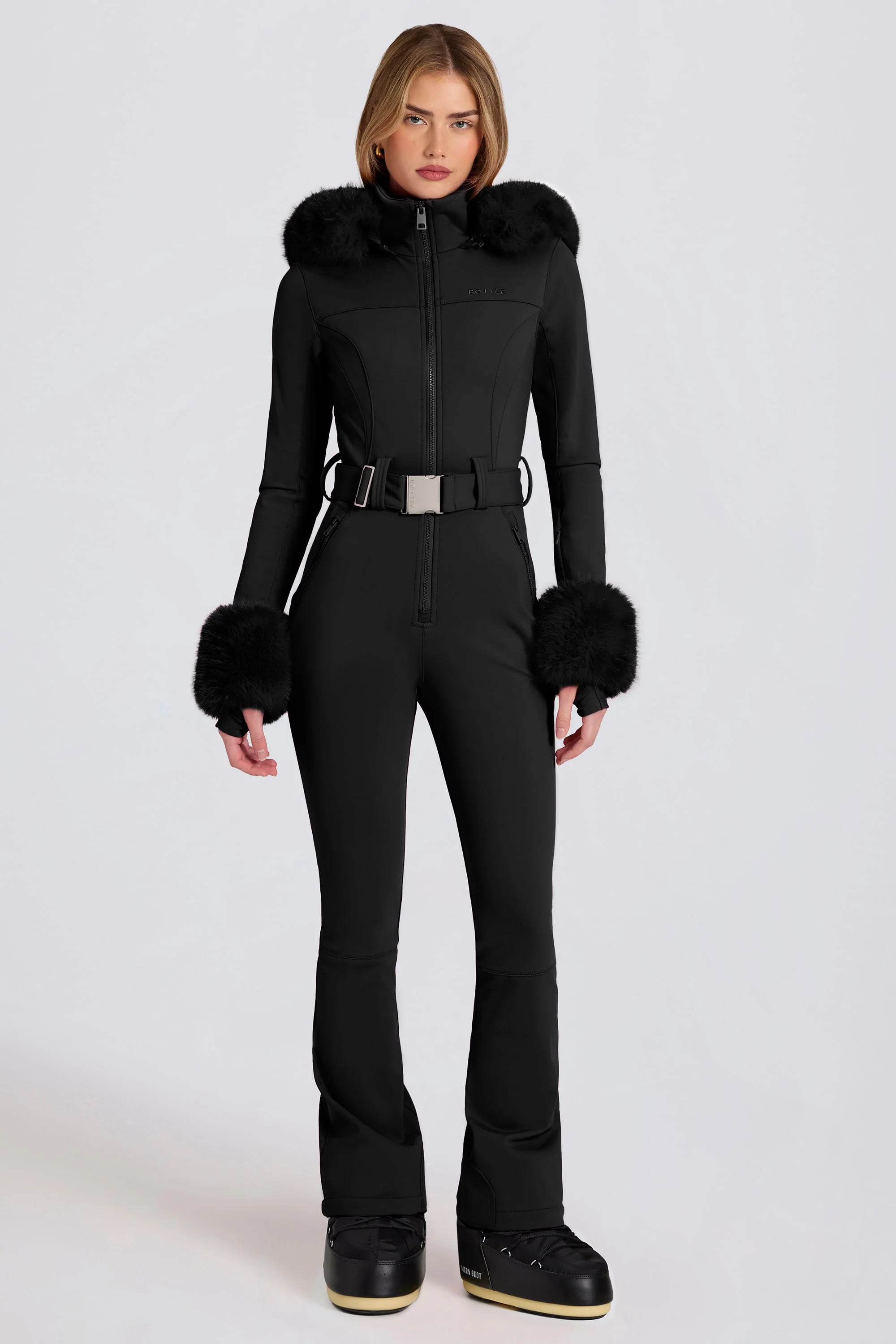 Waterproof Faux-Fur Hood Fitted Ski Suit in Black - Image 8