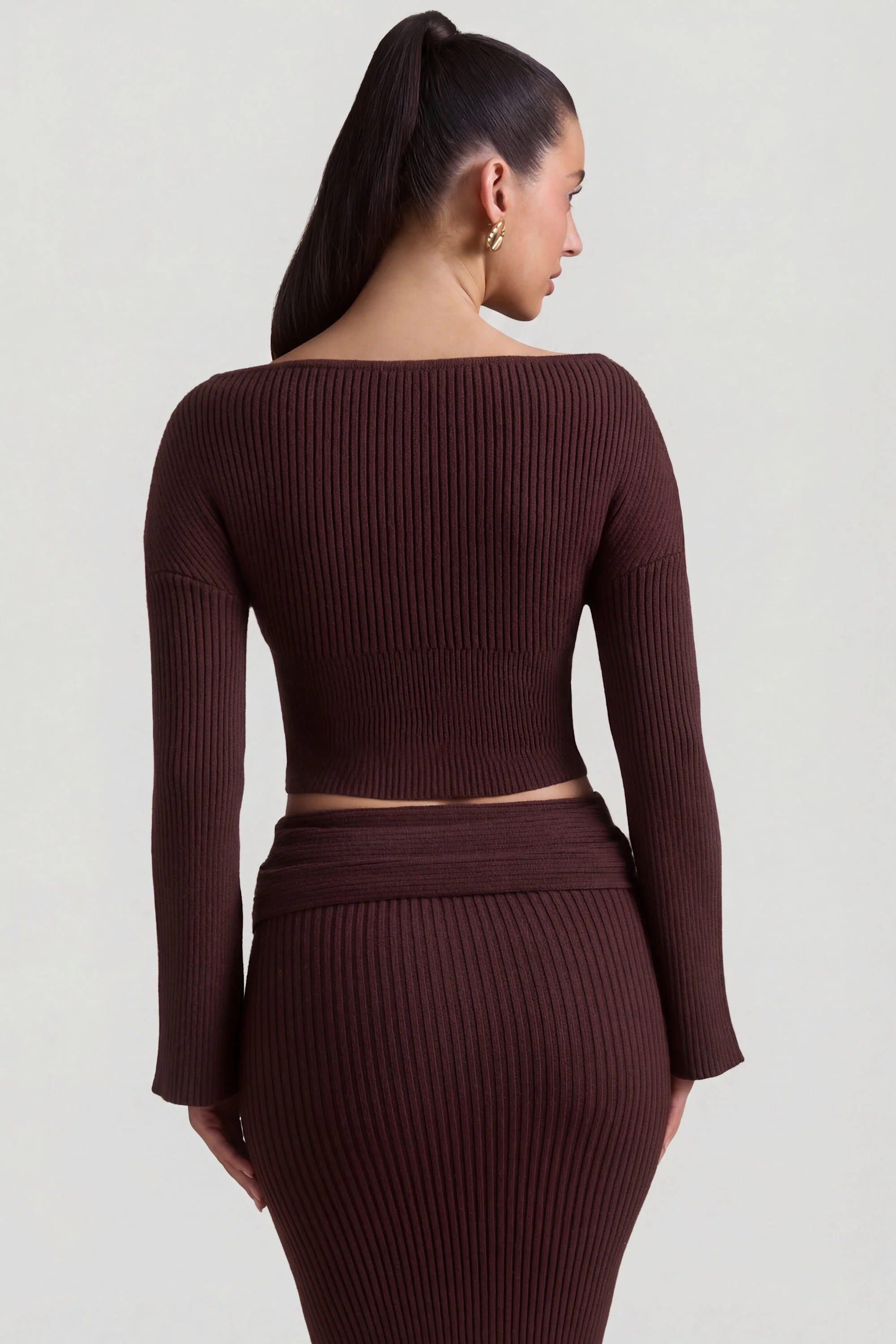Ribbed-Knit Slash-Neck Top in Espresso - Image 3