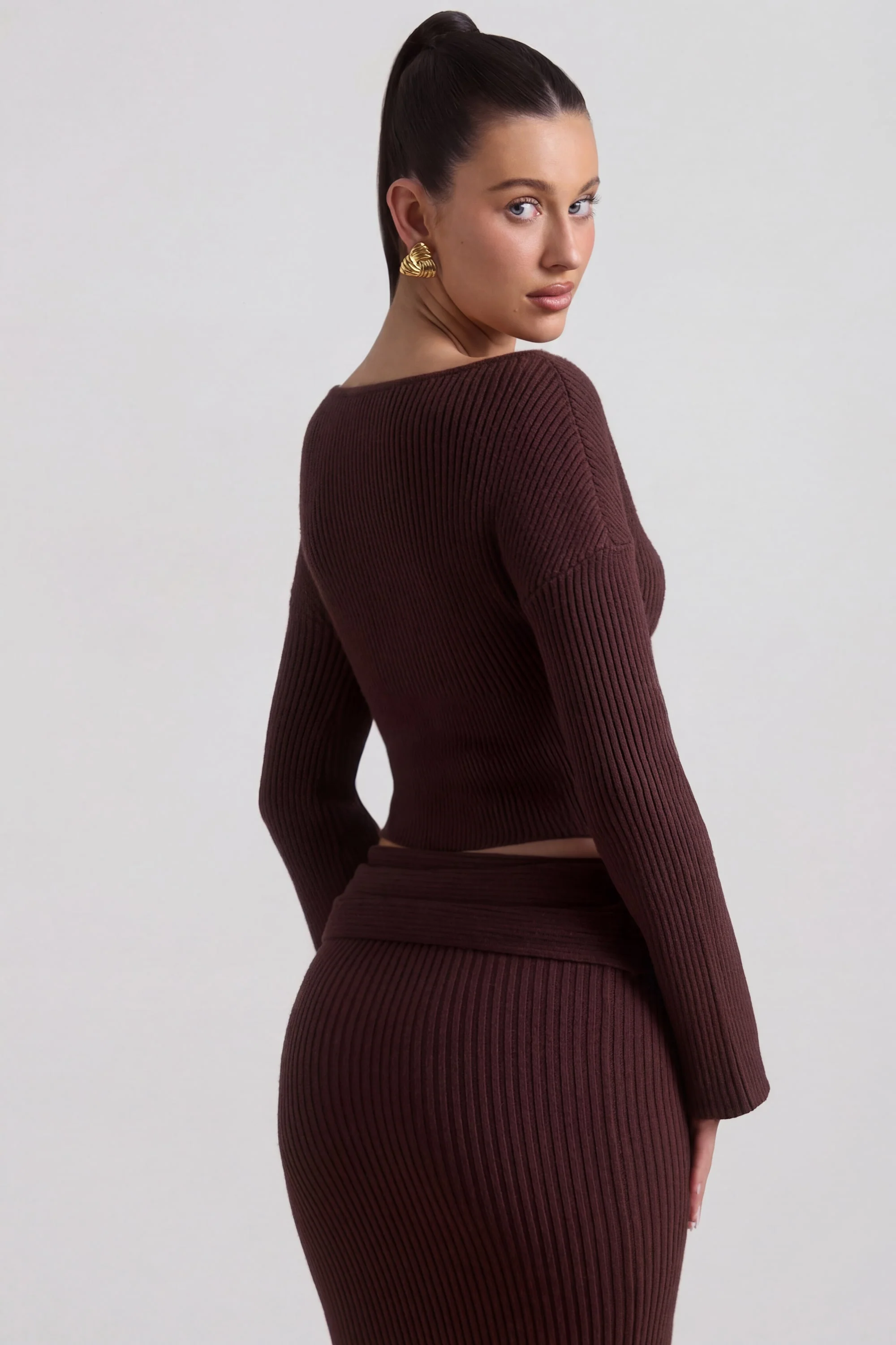 Ribbed-Knit Slash-Neck Top in Espresso - Image 4
