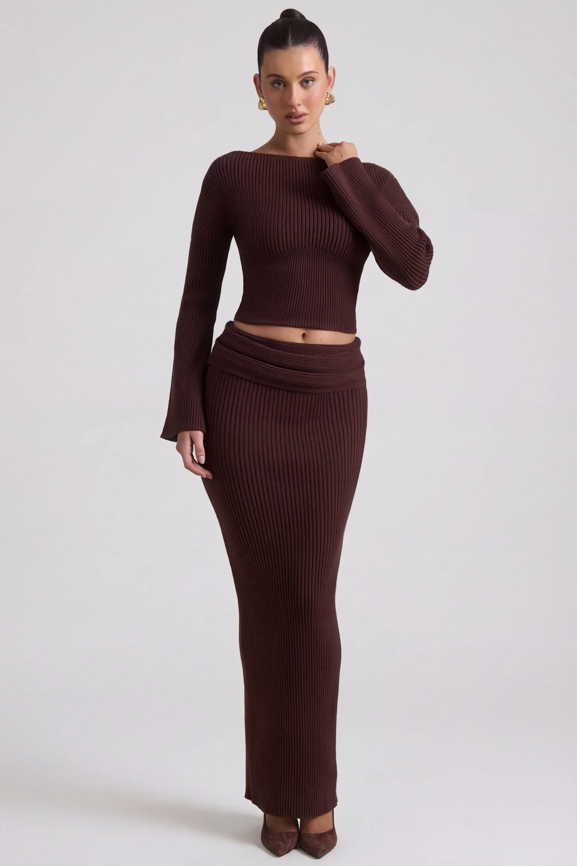Ribbed-Knit Slash-Neck Top in Espresso - Image 7