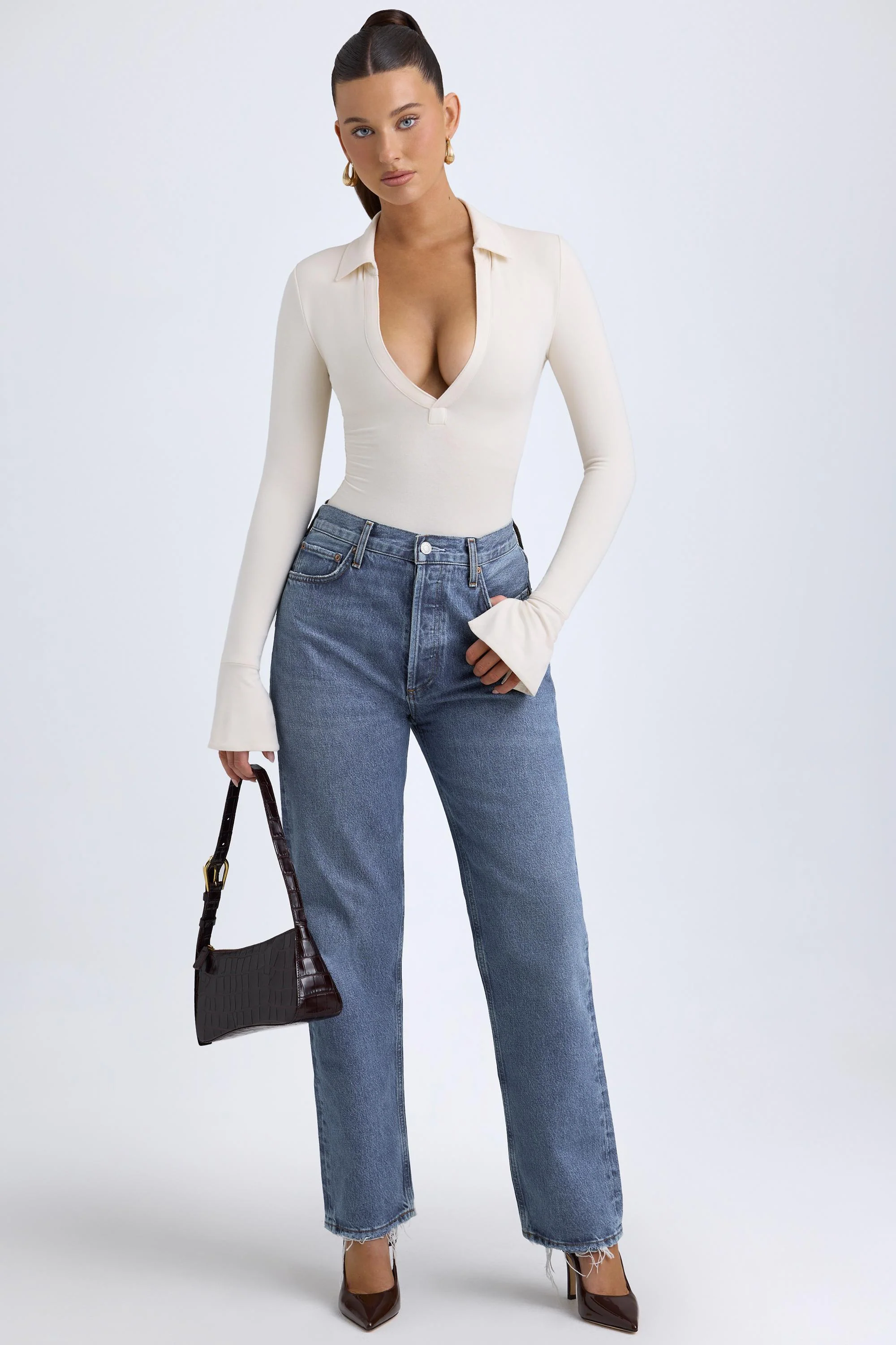 Modal Plunge V-Neck Bodysuit in Ivory - Image 6