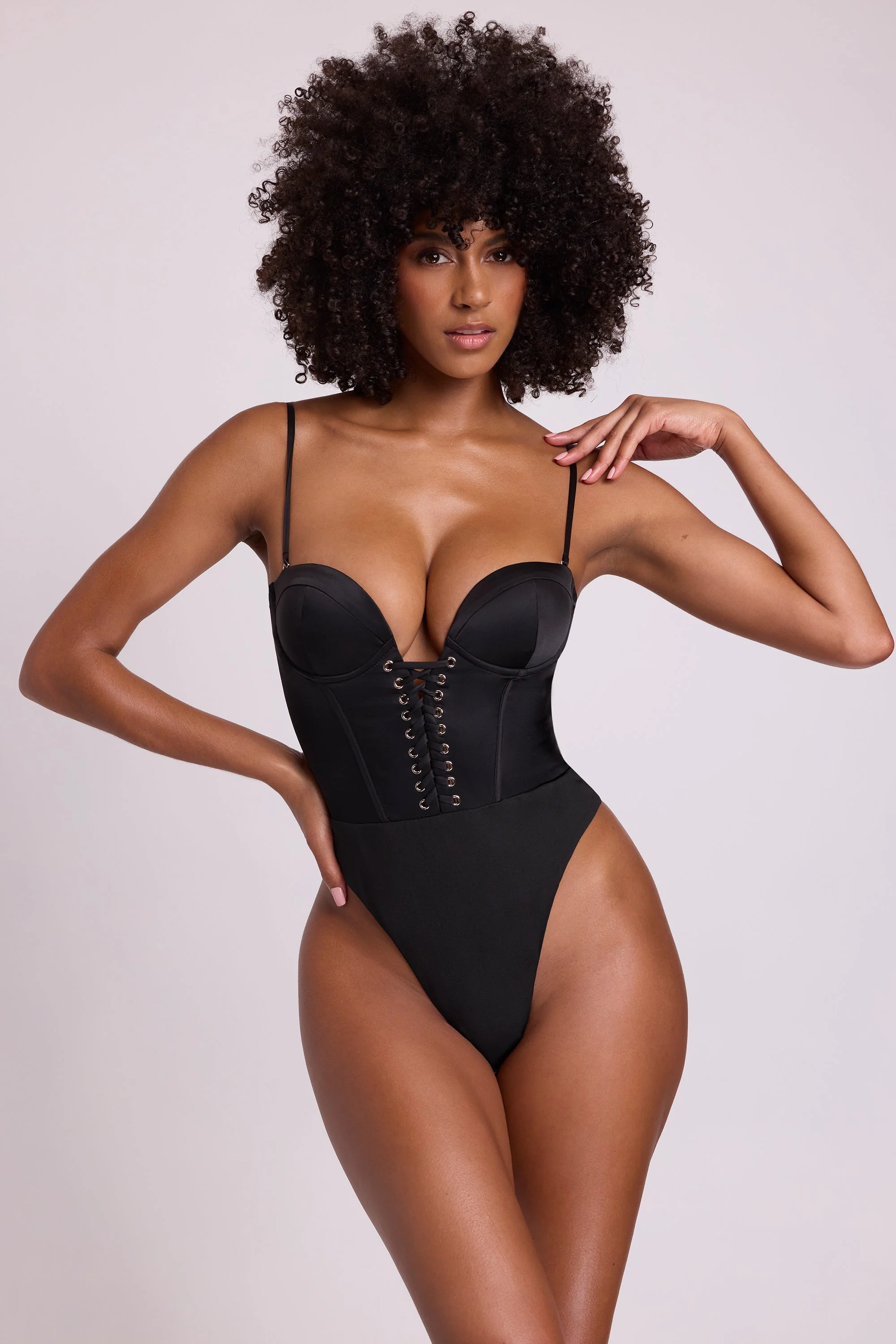 Satin Plunge Neck Lace Up Corset Bodysuit in Black - Image 8