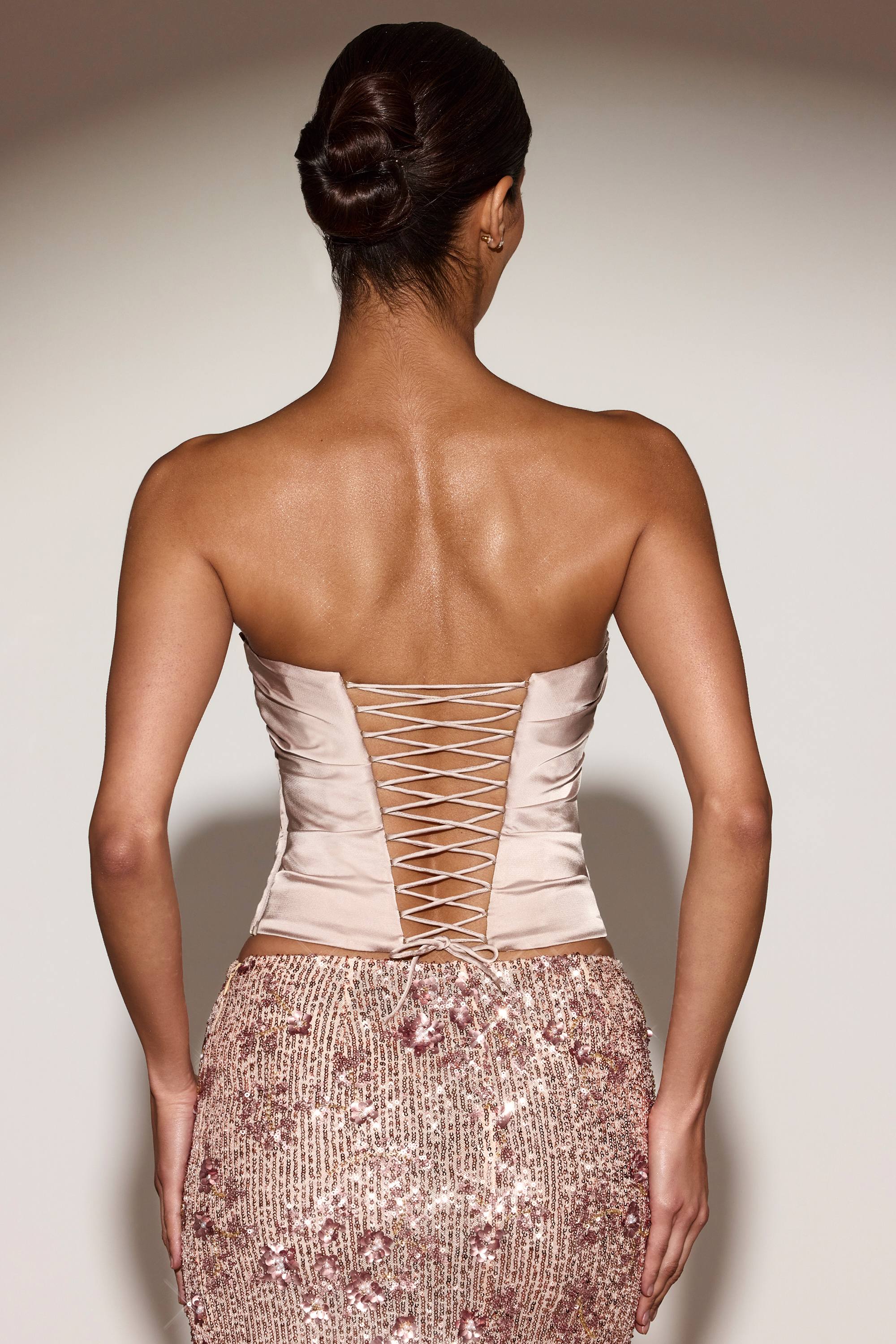 Satin Draped Lace-Up Corset Top in Gold - Image 3