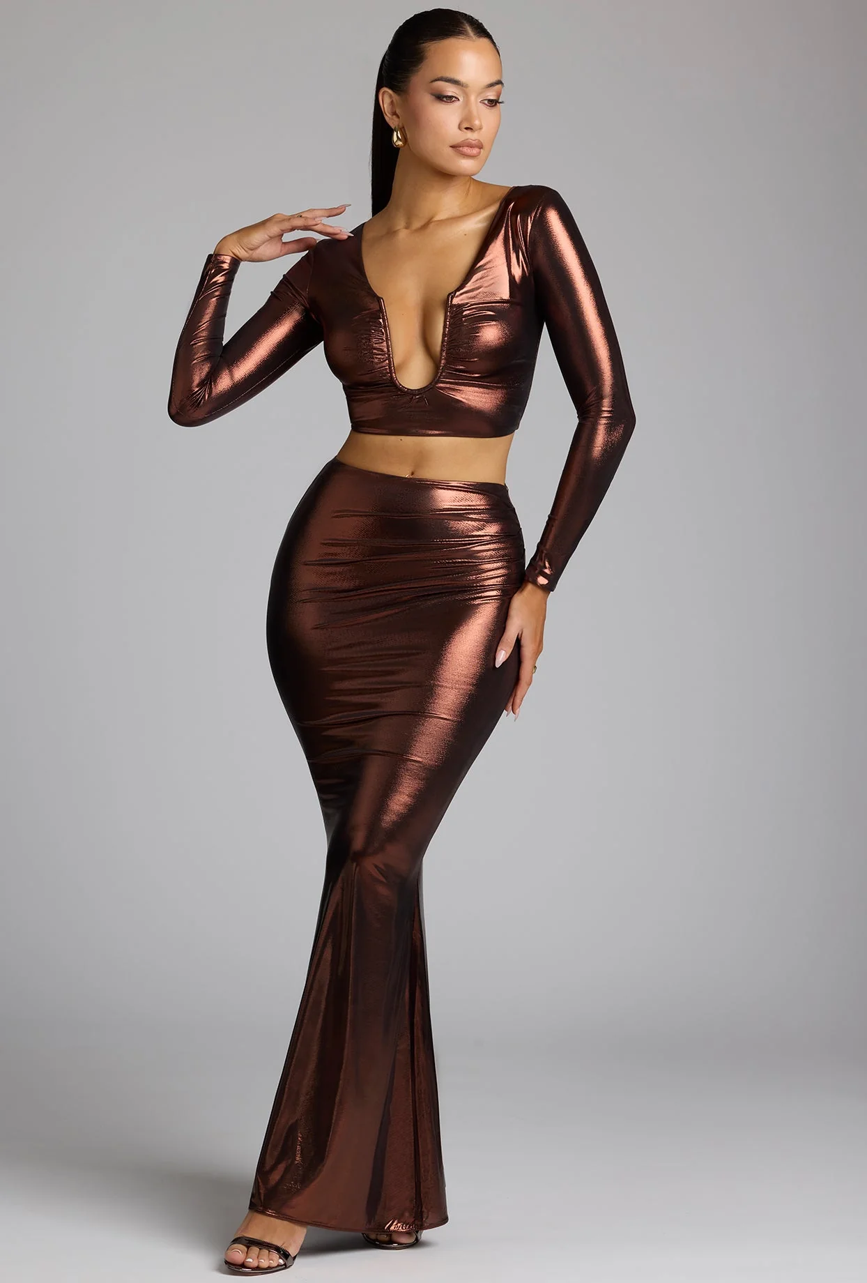 Mid Rise Metallic Jersey Gown Skirt in Copper Bronze - Image 5