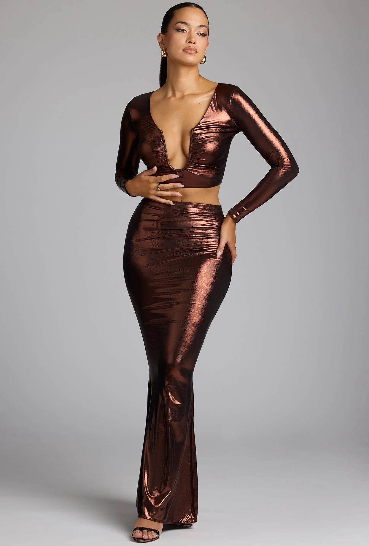 Mid Rise Metallic Jersey Gown Skirt in Copper Bronze - Image 6