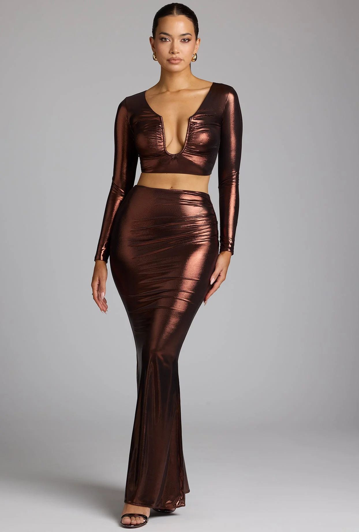 Mid Rise Metallic Jersey Gown Skirt in Copper Bronze - Image 7