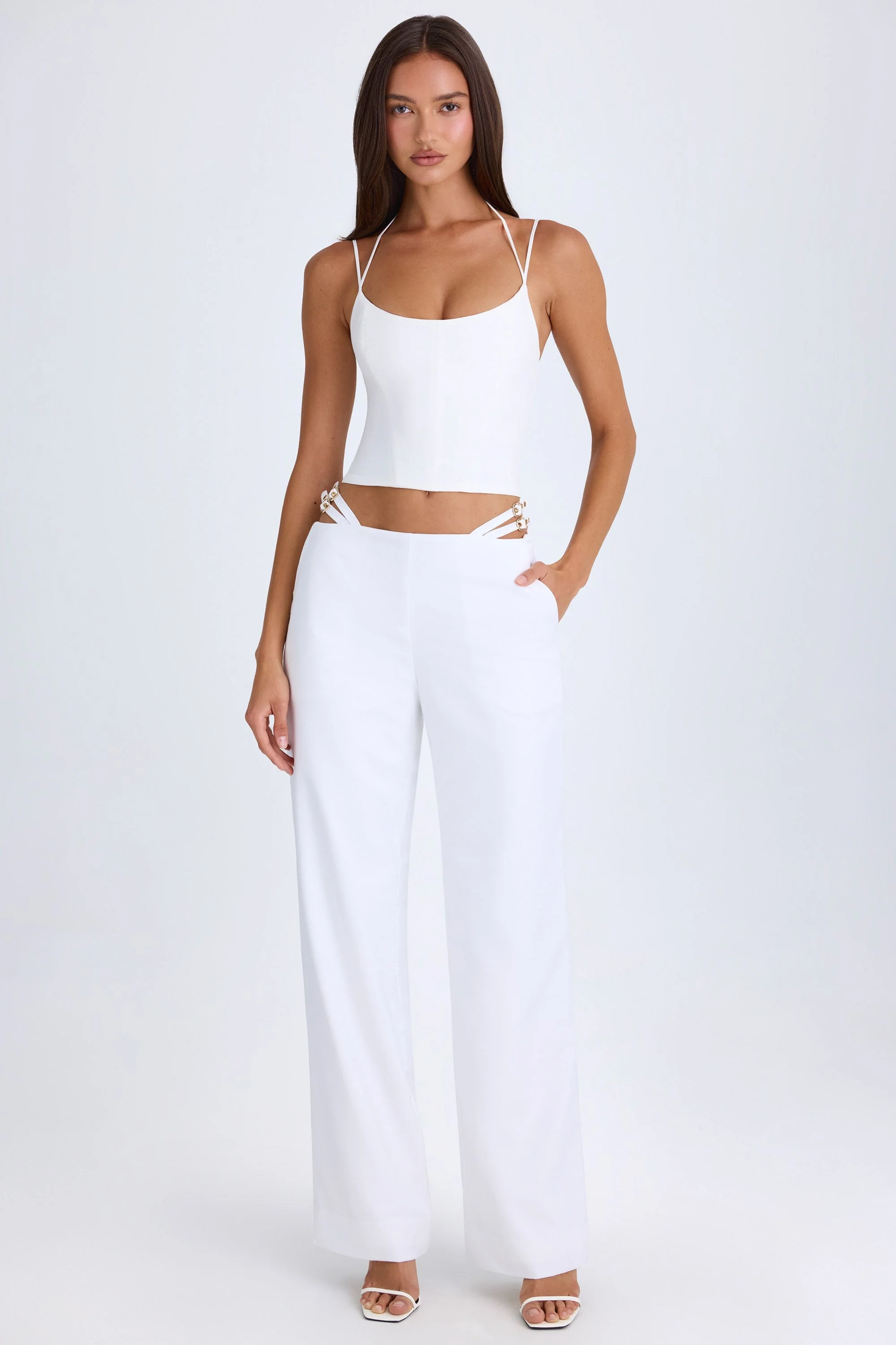 Belted Cut-Out Wide-Leg Trousers in White - Image 5