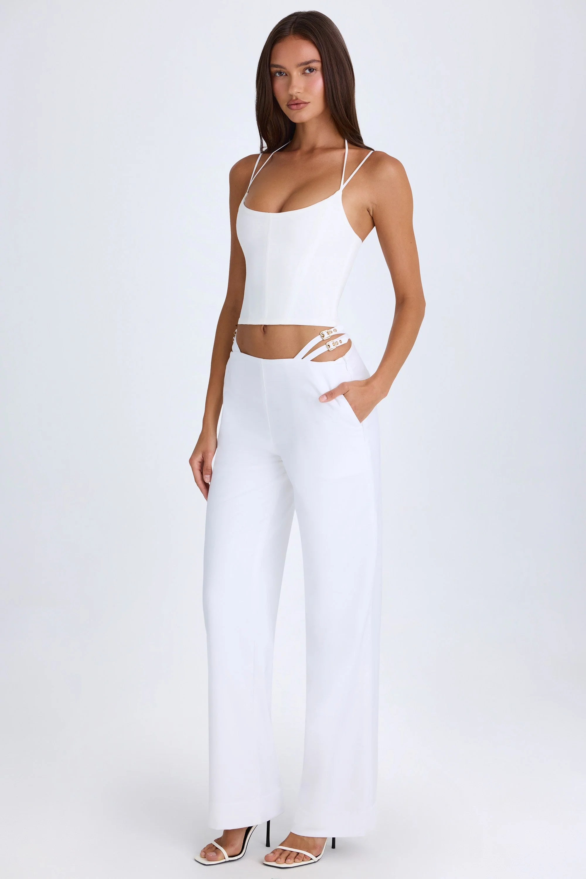 Belted Cut-Out Wide-Leg Trousers in White - Image 8