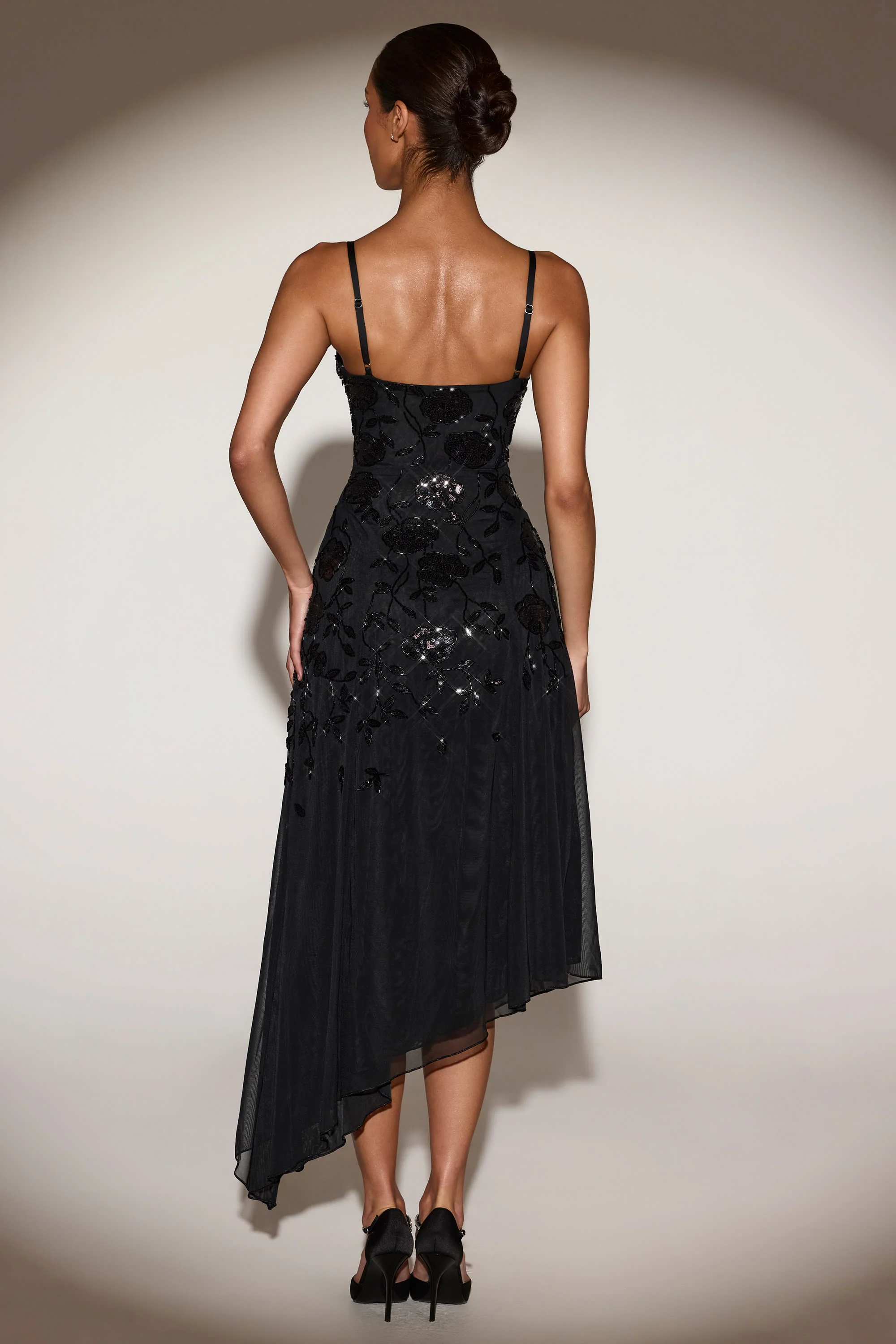 Embellished Soft-Scoop Asymmetric Midaxi Dress in Black - Image 2