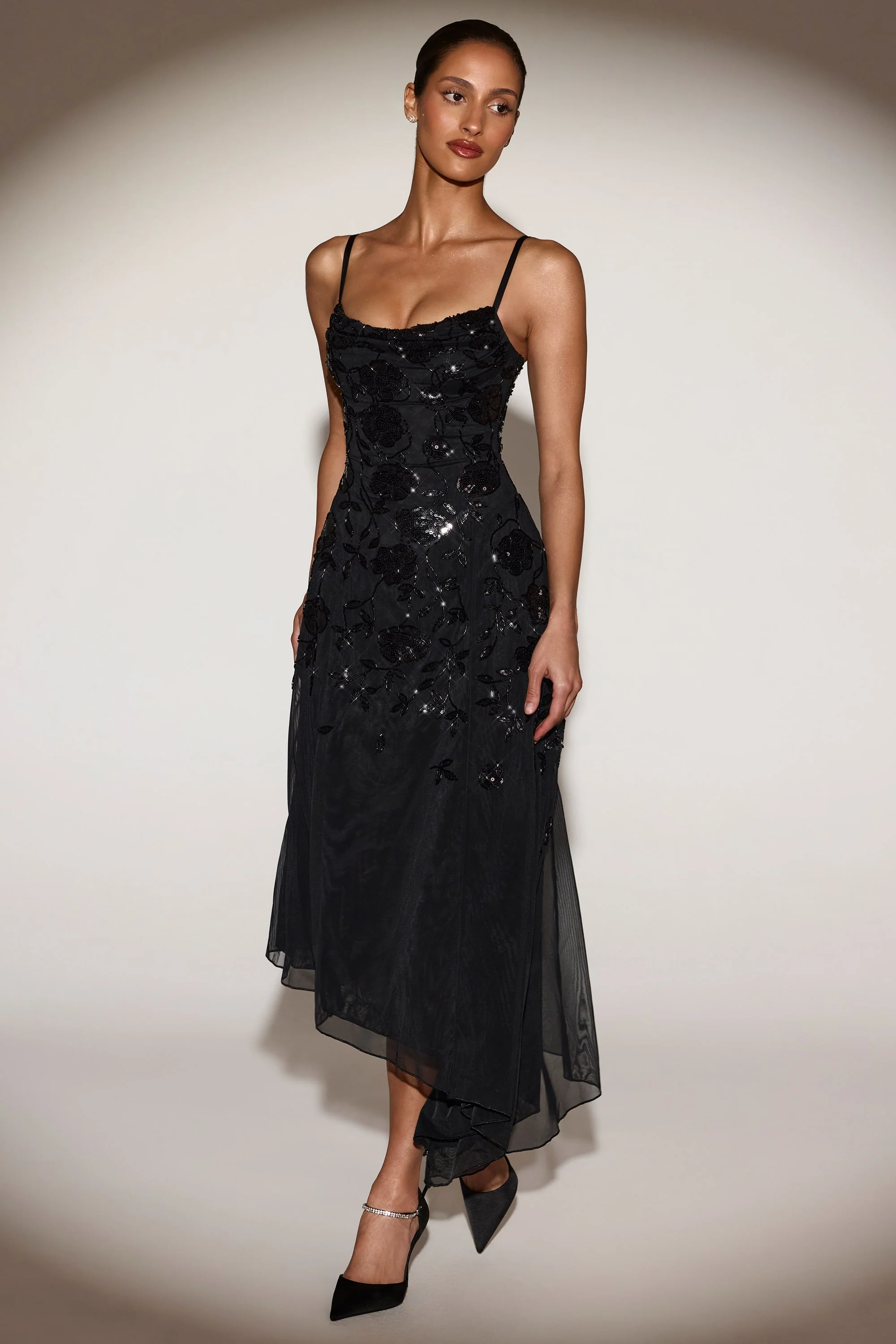 Embellished Soft-Scoop Asymmetric Midaxi Dress in Black - Image 7