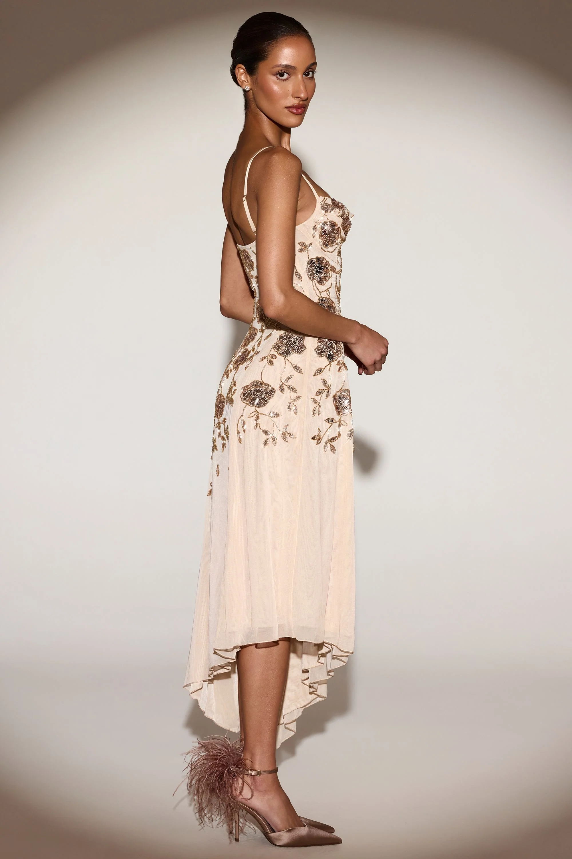 Embellished Soft-Scoop Asymmetric Midaxi Dress in Gold - Image 4