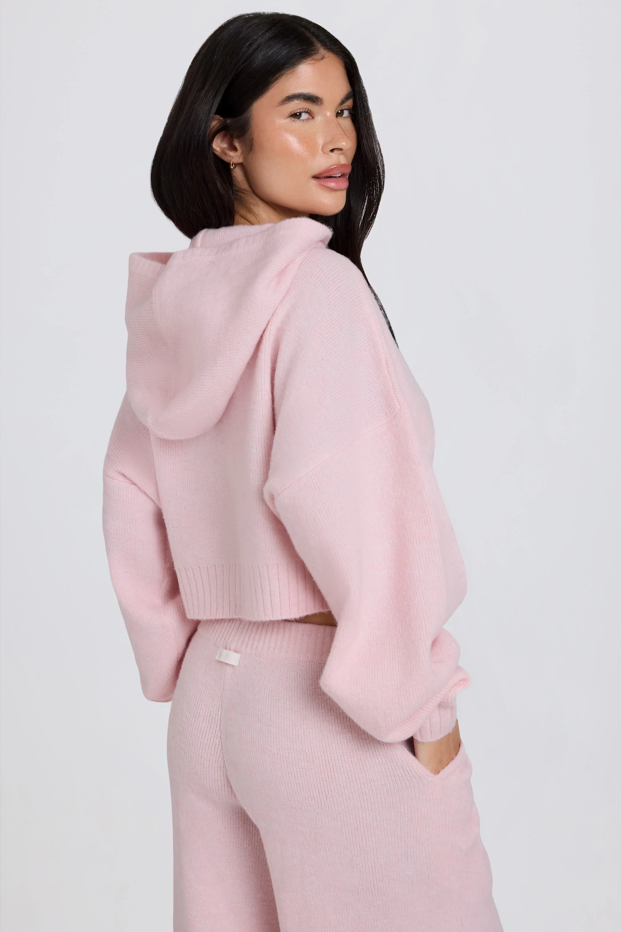 Soft Knit Zip-Up Cropped Hoodie in Soft Pink - Image 2