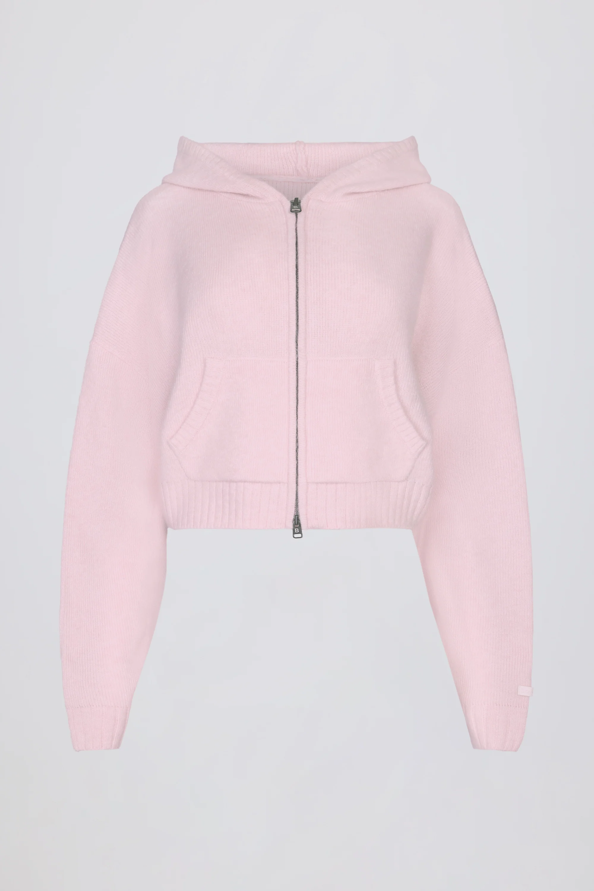 Soft Knit Zip-Up Cropped Hoodie in Soft Pink - Image 3