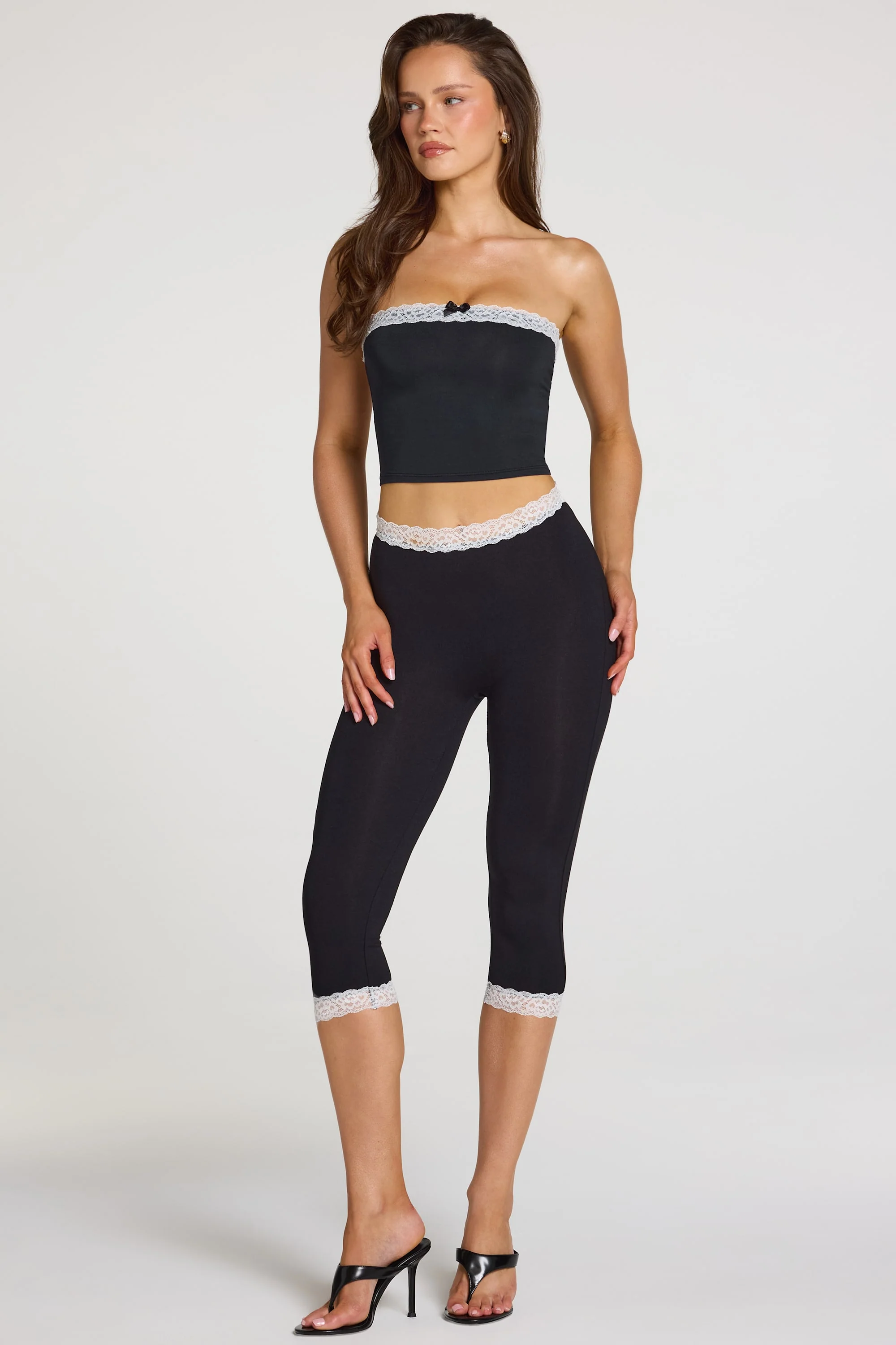 Modal Lace-Trim Mid-Rise Capri Leggings in Black - Image 5